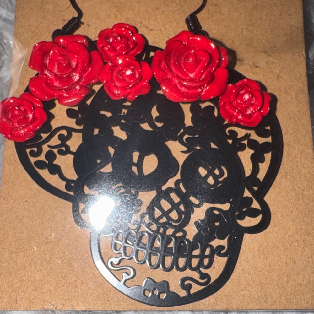 Red Rose Skull Earrings